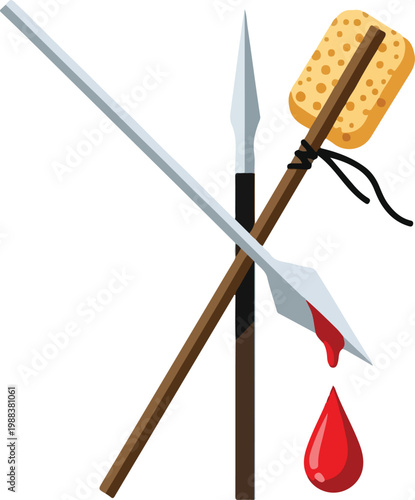 Ancient medical tools and blood drop on spear with sponge vector illustration of historical surgical weapons equipment.