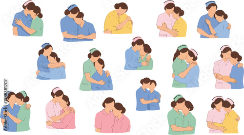 Collection of female medical staff in colorful uniforms hugging each other to show emotional support and mental health.