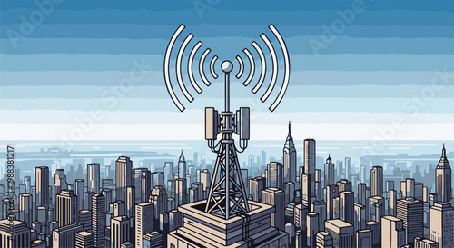 Pixelated cityscape with a central communication tower broadcasting signals