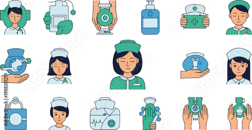 Collection of medical icons with nurses and healthcare items for design projects and applications.