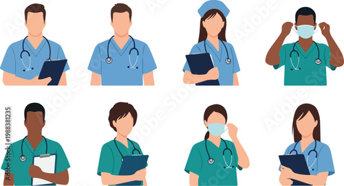 Collection of medical staff avatars, diverse group of doctors and nurses in uniform with masks.