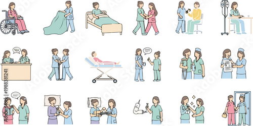 Collection of medical staff caring for patients in hospital environments illustrating various healthcare scenarios.