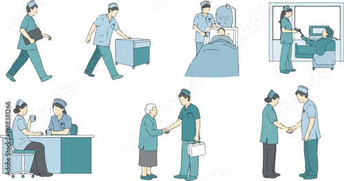Collection of medical staff performing various duties in hospital setting, doctors and nurses caring for patients.