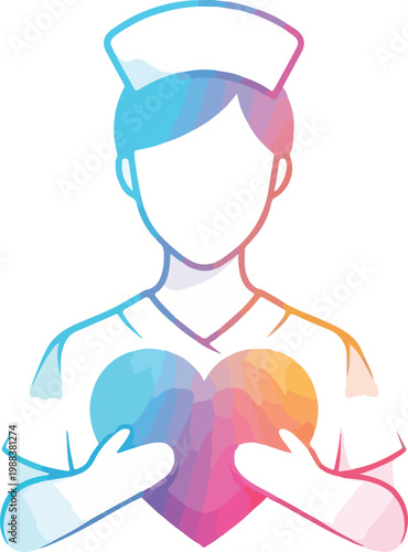 Colorful silhouette of nurse holding heart shape in hands represents medical compassion and healthcare worker kindness.