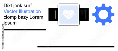 Health monitoring, wearable devices, innovation, fitness tracking, technology integration, digital analysis. A smartwatch with a heart icon beside a cogwheel. Health monitoring and wearable devices