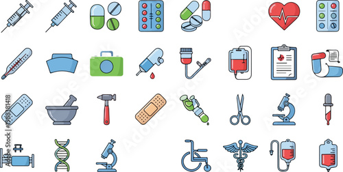 Flat design medical icons and symbols collection with pills, heart, DNA, syringe, blood bag, microscope.