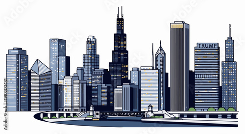 Pixelated cityscape with tall buildings, river, bridge, and green space