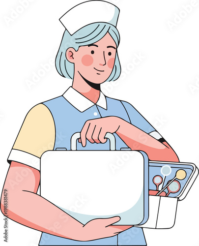 Friendly nurse with medical equipment including a case and instruments ready to help patients with care and compassion.