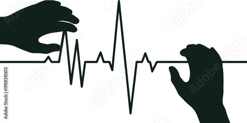 Heartbeat line with human hands reaching out for life support and medical monitoring concept on transparent background.