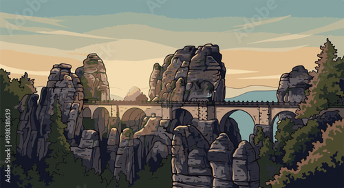 Pixel art bridge crossing jagged rock formations under a hazy sky