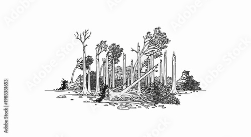 Stylized black and white drawing of a forest with fallen and broken trees