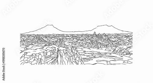 Line art depicts a stark, rugged volcanic landscape with mountains in background