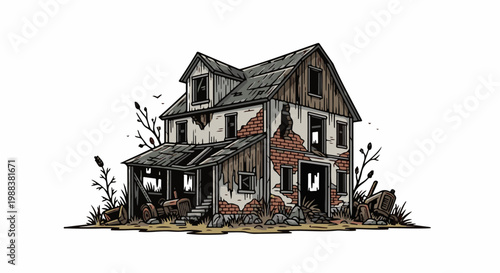 Dilapidated farmhouse with abandoned tractors and sparse vegetation