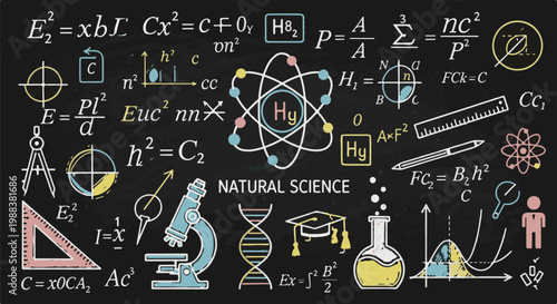 Chalkboard art illustrates science, math concepts with equations and icons