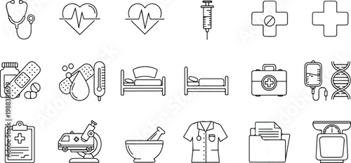 Hospital equipment line icons set of medical tools and healthcare symbols vector collection of clinic outline graphics.