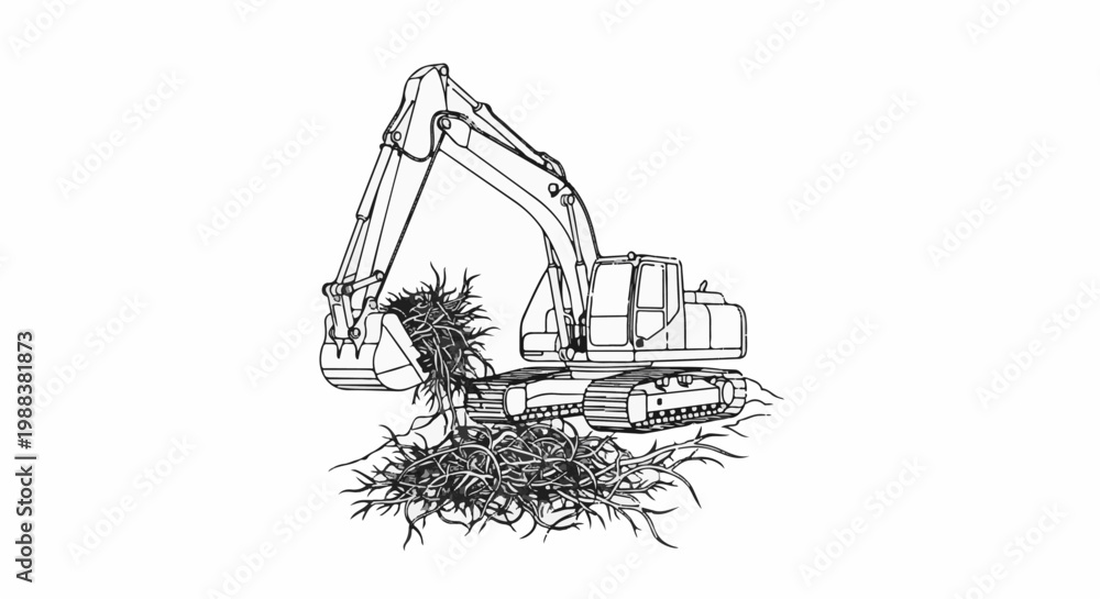 Obraz premium Excavator clearing up roots, construction equipment working on ground