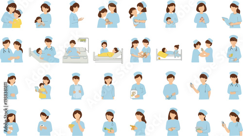 Large collection of nurse characters performing various medical tasks caring for patients and handling hospital equipment.