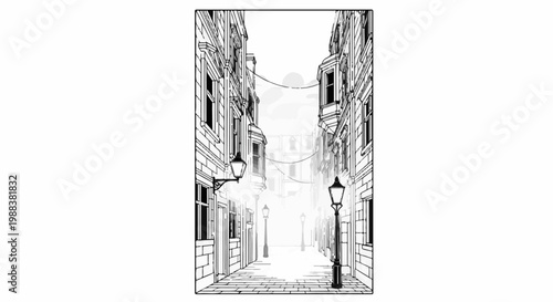 Narrow street with ornate buildings, gas lamps, and cobblestone path