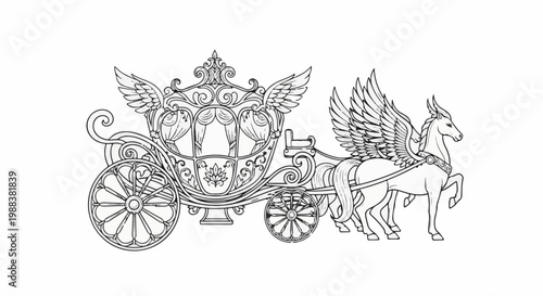 Ornate carriage pulled by winged horses, outlined in black and white