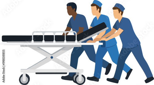 Medical emergency team in blue scrubs pushing hospital gurney stretcher for urgent patient transport flat vector style.
