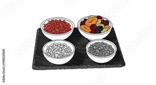Four bowls of dried fruits and grains on a dark slate tray