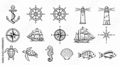Nautical icons ships, anchors, lighthouses, compasses, sea creatures, and shells