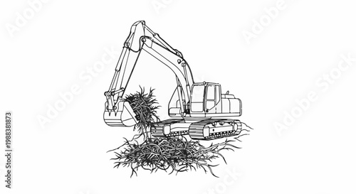Excavator clearing up roots, construction equipment working on ground