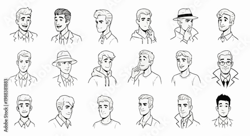 Collection of diverse male portraits in black and white line art