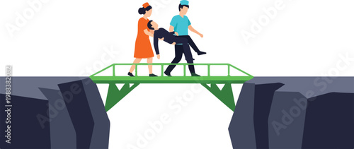 Medical workers carrying injured man across green bridge over dark mountain canyon in emergency rescue mission concept.