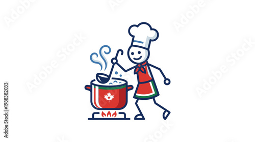 Cartoon Chef Cooking Delicious Soup in a Pot with Steam.