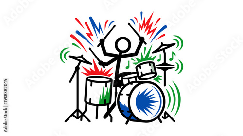 Cartoon Drummer Playing Drums with Musical Sound Effects.