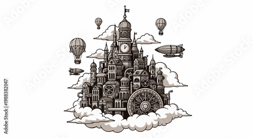 Intricate steampunk city floats amongst clouds with airships and balloons