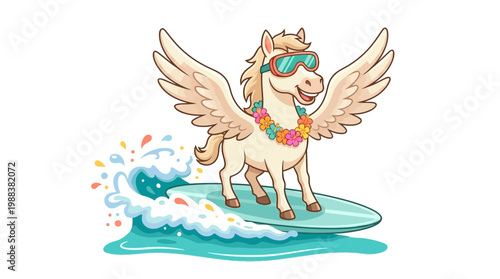 Cartoon Pegasus Surfing a Wave with Sunglasses and a Lei.