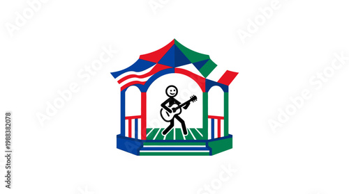 Cartoon Musician Playing Guitar on Stage in Colorful Gazebo.