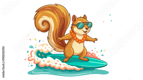 Cartoon Squirrel Surfing on a Wave with Sunglasses and Lei.