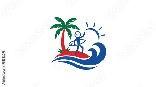 Cartoon Surfer on a Tropical Island with Palm Tree and Sun.