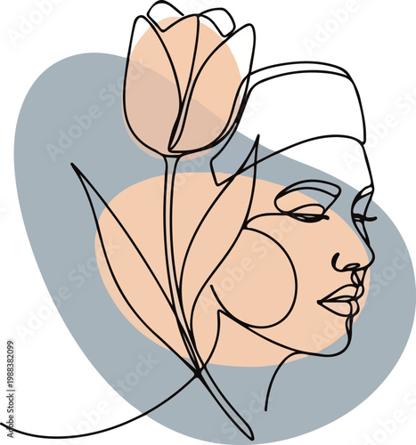Minimalist continuous line art of woman wearing nurse cap with tulip flower and abstract shapes for healthcare branding.