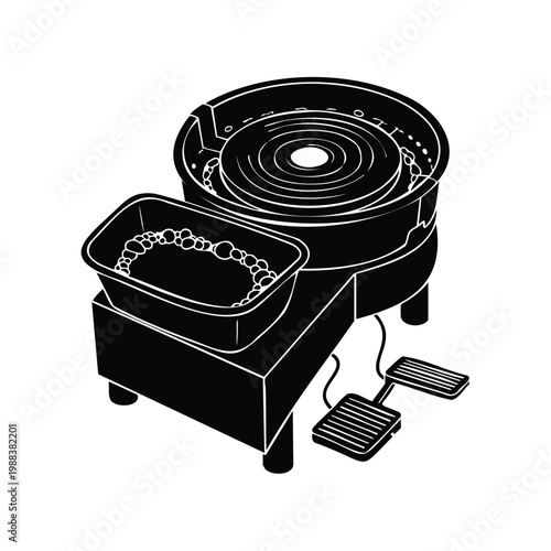 Pottery wheel silhouette, bundle of art and craft tools.