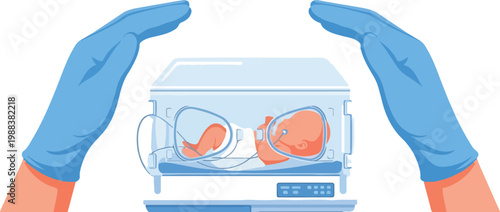 Newborn baby in incubator with nurse hands protecting and caring for infant medical treatment.
