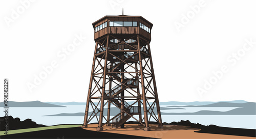 Rustic observation tower with spiral staircase ascends above a serene, layered water landscape