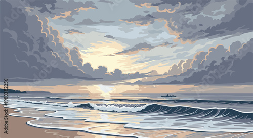 Serene pixelated seascape at dusk with dramatic clouds and gentle waves
