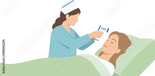 Nurse checking patient's temperature with infrared thermometer in hospital bed.