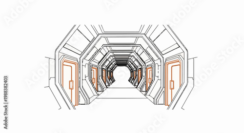 Futuristic corridor with hexagonal sections and illuminated doorways