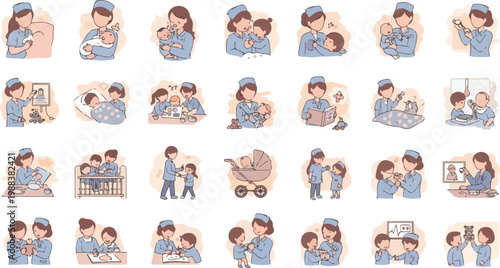 Pediatric nurse caring for children collection showing various medical scenes and healthcare routines for small patients.