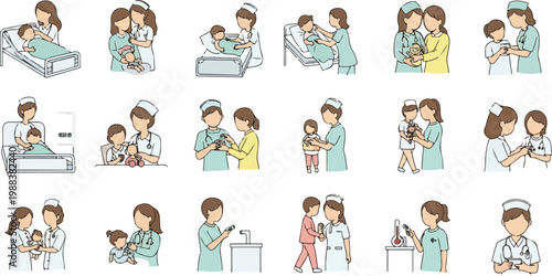 Pediatric nurses caring for children in hospital beds with thermometers and toys cartoon medical care scenes collection.