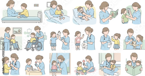 Pediatric nurse caring for children in various hospital settings vector flat illustrations set for medical brochure art.