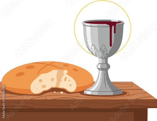 Religious communion elements with wine chalice and bread on wooden table vector illustration for christian church themes.