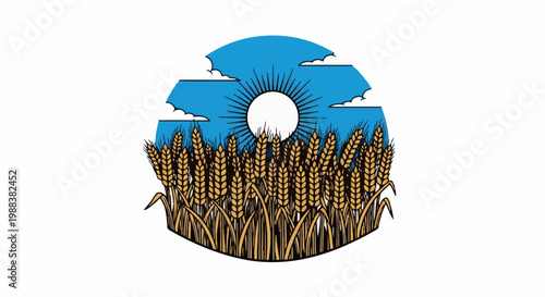 Golden wheat stalks reach towards a sunburst in a stylized blue sky