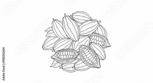 Hand-drawn line art illustration of a pile of cocoa pods, some split open showing beans