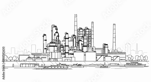 Industrial complex with smokestacks, pipelines, tanks, and boats